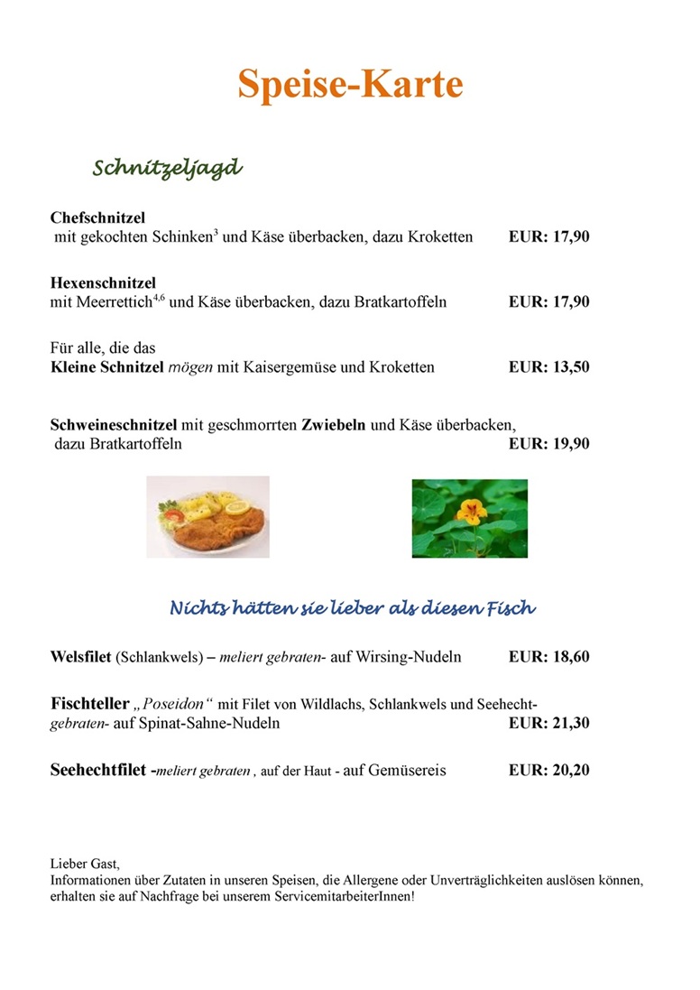 Speisekarte der Parkschänke Zabeltitz mit Schnitzelangeboten